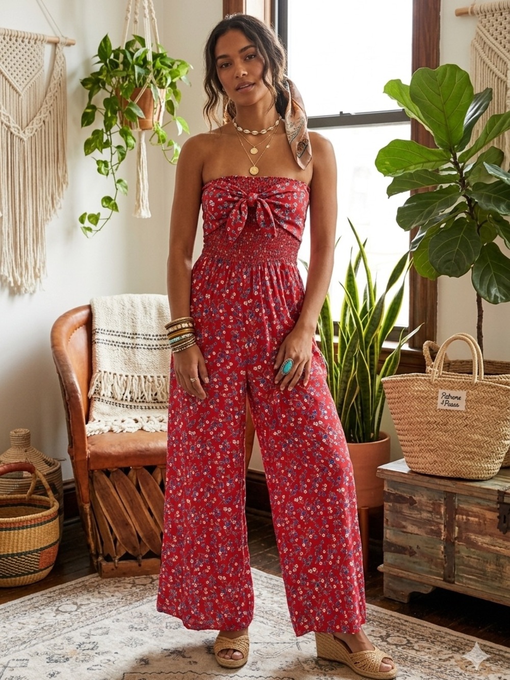 Patrons of Peace Red Floral Strapless Smocked Wide-Leg Jumpsuit Boho Chic Small